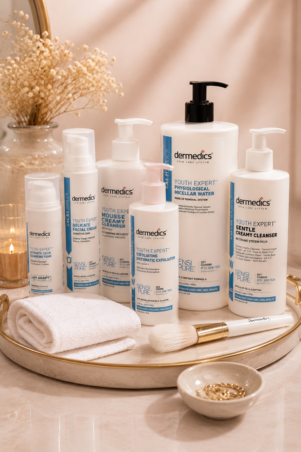 Dermedics skincare producten op een marmeren tray in MelanXstudio